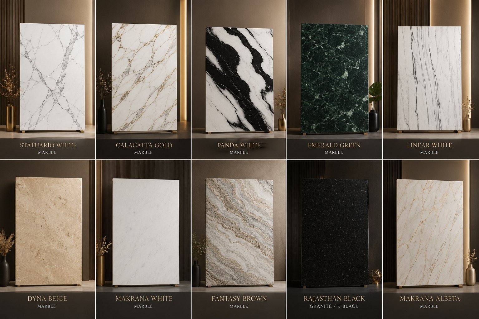 ARVION working material wall showing a considered selection of natural stone
