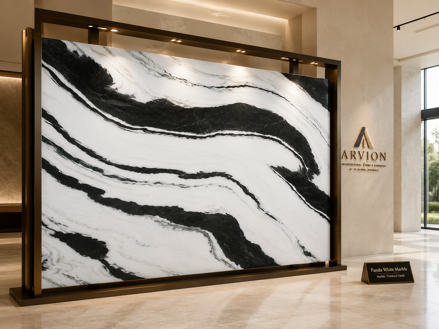 Full slab view of Panda White marble showing bold sweeping black veins on a white background