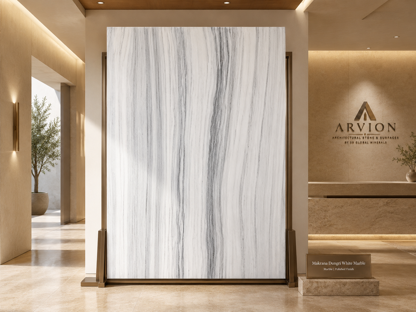 Full slab view of Makrana Dungri marble displaying its signature white background and prominent grey linear veins.